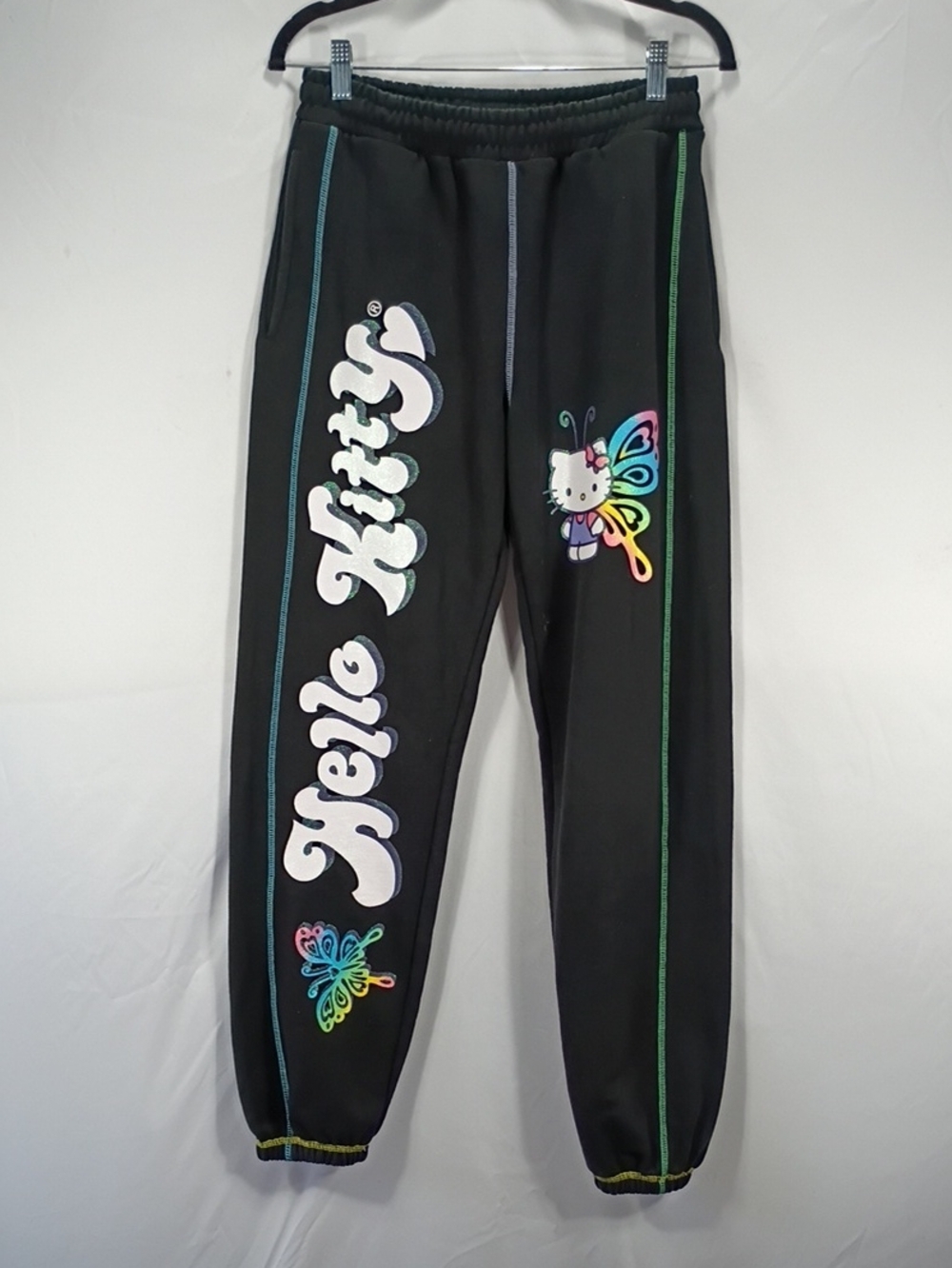 EUC Dumbgood Hello Kitty Black Joggers with Rainbow Butterfly Accents Size Small
